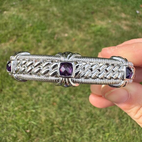 Vintage Judith Ripka Sterling Silver Amethyst Hinged Cuff Bracelet Rope Textured - Picture 13 of 17